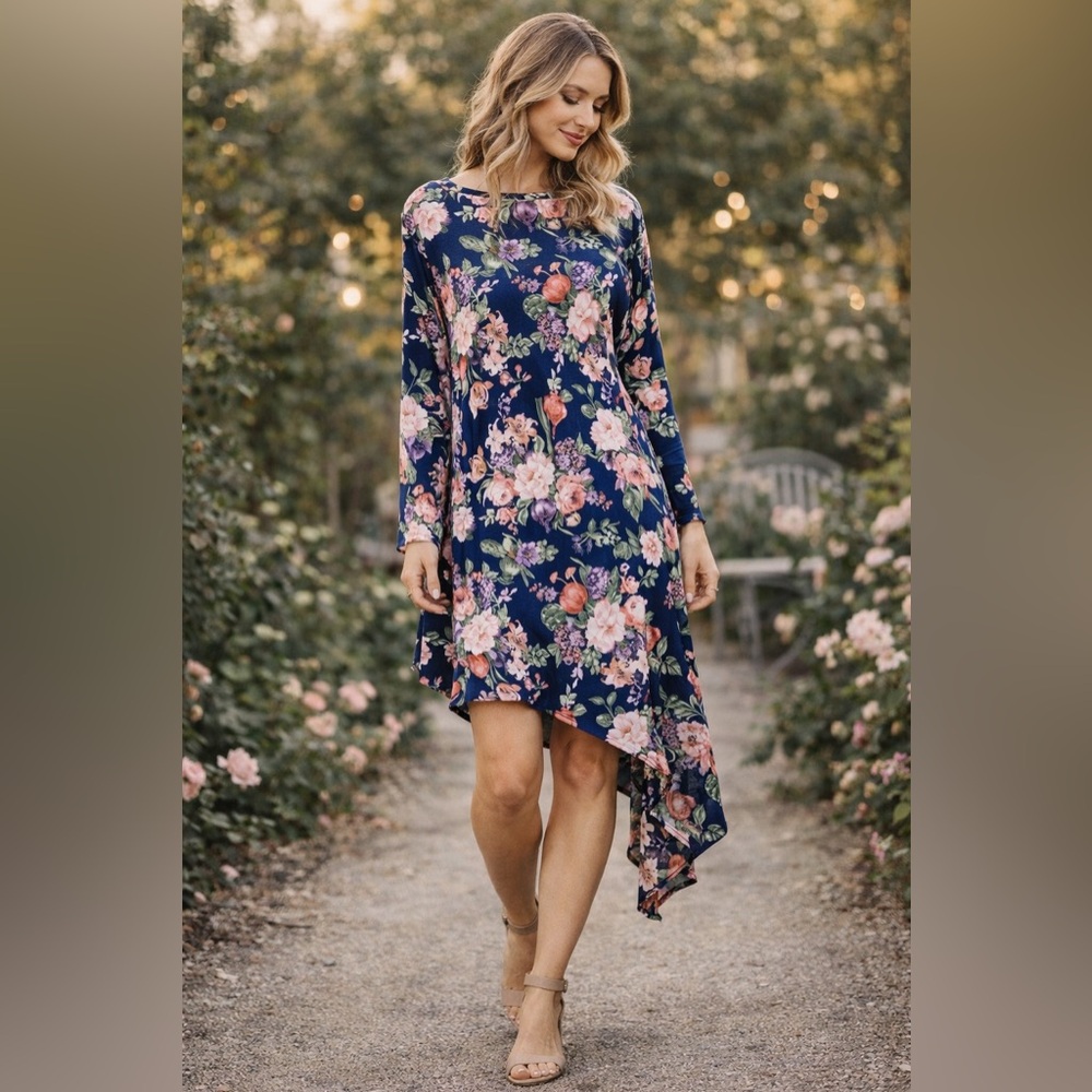 NWT Abercrombie & Fitch Asymmetrical Navy Floral Long Sleeve Dress sz L Romantic